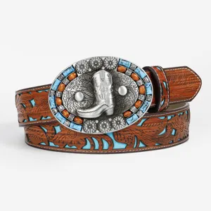 Detail shot of the vintage western belt buckle featuring a cowboy boot and turquoise beads.