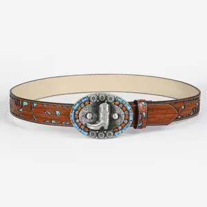 Detailed view of a retro western embossed leather belt with a turquoise oval buckle.
