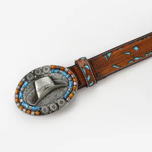 Vintage ethnic embossed decorative belt detail, bohemian cowboy style buckle design.