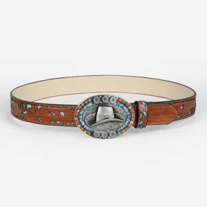 Vintage western embossed leather belt with turquoise cowboy hat metal buckle for women
