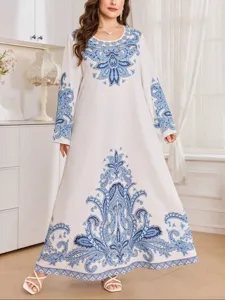 Vestido maxi casual bohemio de manga larga de talla grande para mujer estampado azul blanco