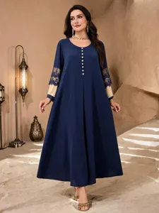 Damen Plus Size Langarm Rundhals Knopfleiste Maxi Kleid Elegantes Spitzen Patchwork Einfarbig Casual Bankett Robe