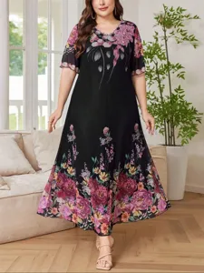 Vestido midi de gasa con estampado floral de talla grande elegante manga corta negro