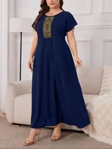 Plus size casual navy blue maxi dress featuring elegant gold embroidery detail for women.