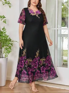 Vestido largo maxi de mujer talla grande elegante con estampado floral cuello V chifón