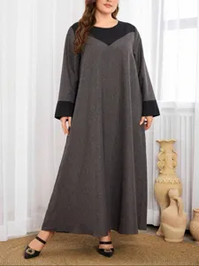 Plus size long sleeve maxi dress for women, casual contrast color loose abaya long robe.