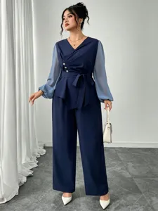 Gynaikeio Casual Fthinoporo Laimokopi V Makry Maniki Chiffon Splice Top Kai Pantaloni Plati Mple Navy