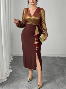 Plus size metallic V-neck long sleeve dress with elegant ruffles and side slit detail.