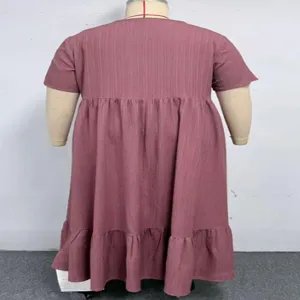 Plus-size short sleeve tiered ruffle hem midi dress casual solid color loose fit apparel