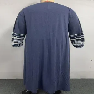 Back view detail of casual blue loose long robe showing distinct striped sleeve design.