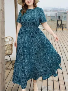 Plus size floral print short sleeve maxi dress for women casual loose elegant long robe