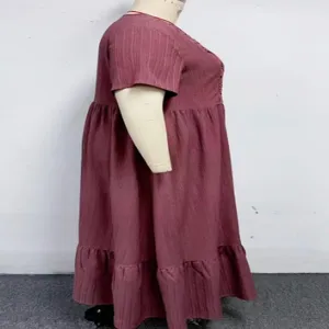 Plus size casual midi dress with short sleeves, lace patchwork and tiered ruffle hem.