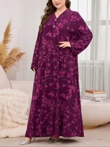 Plus size purple floral long sleeve maxi dress, elegant flowy abaya for women daily wear.