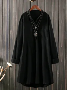 Plus size casual loose black long sleeve blouse for women, elegant daily wear top.