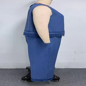 Detail view of the blue sleeveless top and wide-leg pants set, lightweight fabric.