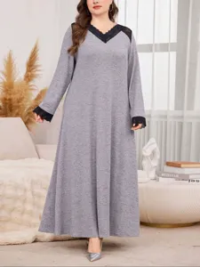 Plus size grey long sleeve dress with black lace V-neck trim elegant casual maxi dress