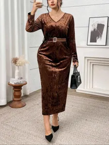 Elegant brown velvet long sleeve midi dress with chic waist belt and sparkling square buckle.