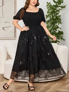 Tallas grandes vestido largo negro con lentejuelas manga corta malla patchwork