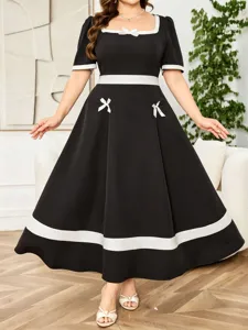 Damen Übergröße Elegantes Langarm Bedrucktes Maxi Kleid Casual Vintage Lange Robe