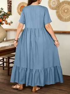 Plus size casual loose short sleeve tiered maxi dress with comfortable ruffle hem for women.
