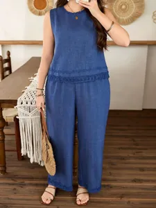 Women Casual Plus Size Set Sleeveless Top And Wide Leg Pants Solid Color Lace Trim Elegant Summer Outfit