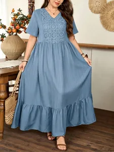 Plus size casual blue maxi dress featuring delicate lace splice and elegant ruffle hem details.