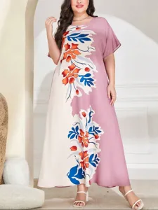 Plus size loose floral maxi dress, elegant short sleeve round neck split color long dress.