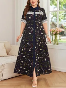 Plus size floral print maxi dress detail with lapel collar and delicate white lace trim.