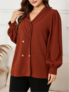 Plus size elegant women's blouse, V-neck drape long sleeve casual top, rust red.