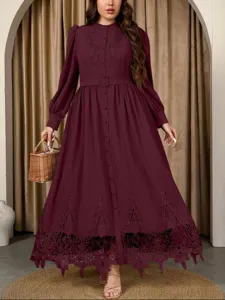 Elegant burgundy long sleeve maxi dress with exquisite embroidery and belt for women.