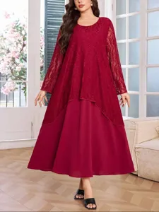 Elegant burgundy lace-layered long sleeve maxi dress detail, loose plus-size style.