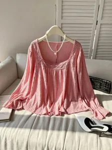 Pink lace square neck long sleeve blouse, elegant loose plus size women top detail view.