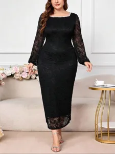 Plus size black lace midi dress featuring long sleeves and elegant slim fit design for daily wear.