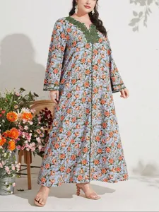 Plus size floral print long sleeve maxi dress elegant casual daily wear comfortable kaftan