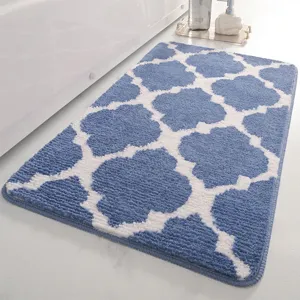 Blue and white quatrefoil bath mat absorbent non slip floor rug for bathroom decor