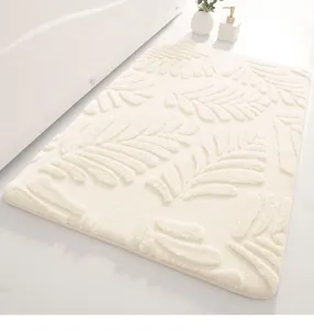 Soft faux rabbit fur bath mat detail, cozy leaf embossed texture for bathroom floor.