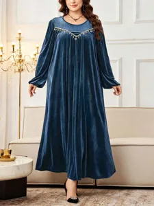 Plus size velvet long dress for women, elegant long sleeve maxi gown with delicate collar trim details.