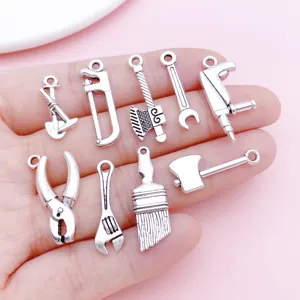 Antique silver metal tool charms mix, alloy DIY jewelry making pendants for bracelets and keychains.
