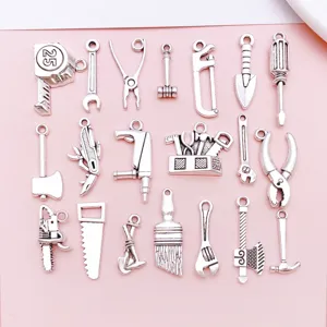 Vintage Zinc Alloy Hardware Tool Charms Antique Silver Pendants Mini Wrench Hammer Saw Accessories For Jewelry Making DIY Keychains Bracelets Necklaces