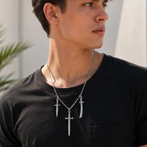 Men's vintage silver alloy sword dagger pendant necklace, gothic multi-layer jewelry accessory.