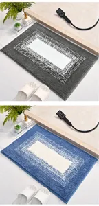 Close-up detail of soft gradient plush bathroom floor mat in grey and blue with anti-slip backing.