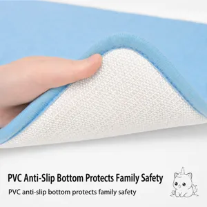Blue absorbent bathroom floor mat with anti-slip PVC bottom for safe home daily use.
