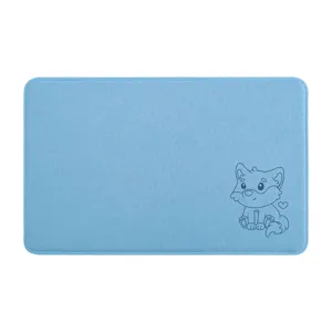 Blue memory foam bath mat with cute cartoon fox design, absorbent non-slip floor rug for home.