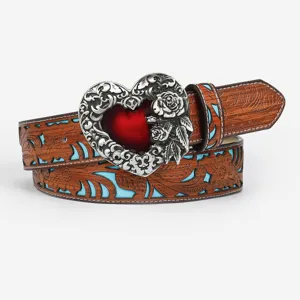 Detailed view of a retro embossed leather belt with intricate floral patterns and red heart buckle.