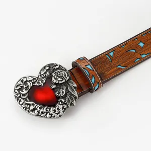 Vintage bohemian carved leather belt with ornate heart buckle for women fashion accessories