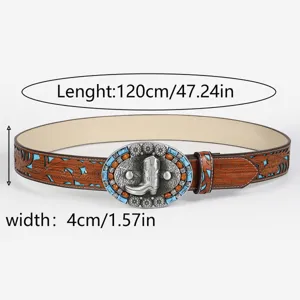 Vintage western style embossed leather belt with metal cowboy boot buckle, 120cm