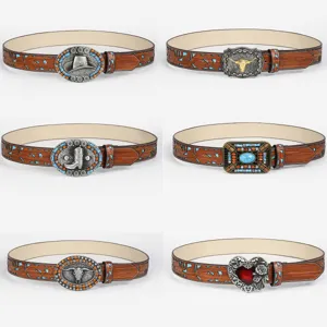 Women Retro Bohemian Embossed PU Leather Belt Western Cowboy Zinc Alloy Buckle Heart Bull Head Ethnic Waistband For Casual Wear