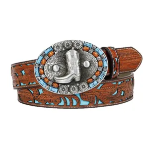 Retro Western style embossed leather belt with turquoise details and ornate cowboy boot metal buckle