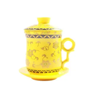 Luxus gelbes Keramik Teetassen Set mit Deckel Sieb und Untertasse fuer Buero und Zuhause