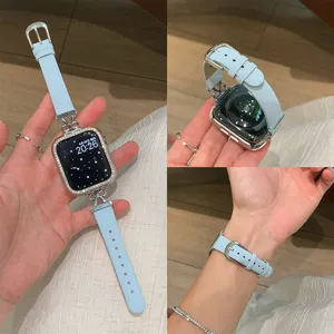 Chic light blue leather rhinestone bow watch strap and case detail view for smart watch.